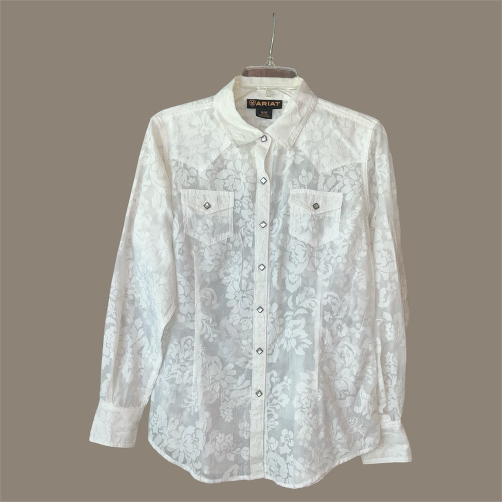Ariat Western Button Down White Floral See Through Blouse Long Sleeve Medium